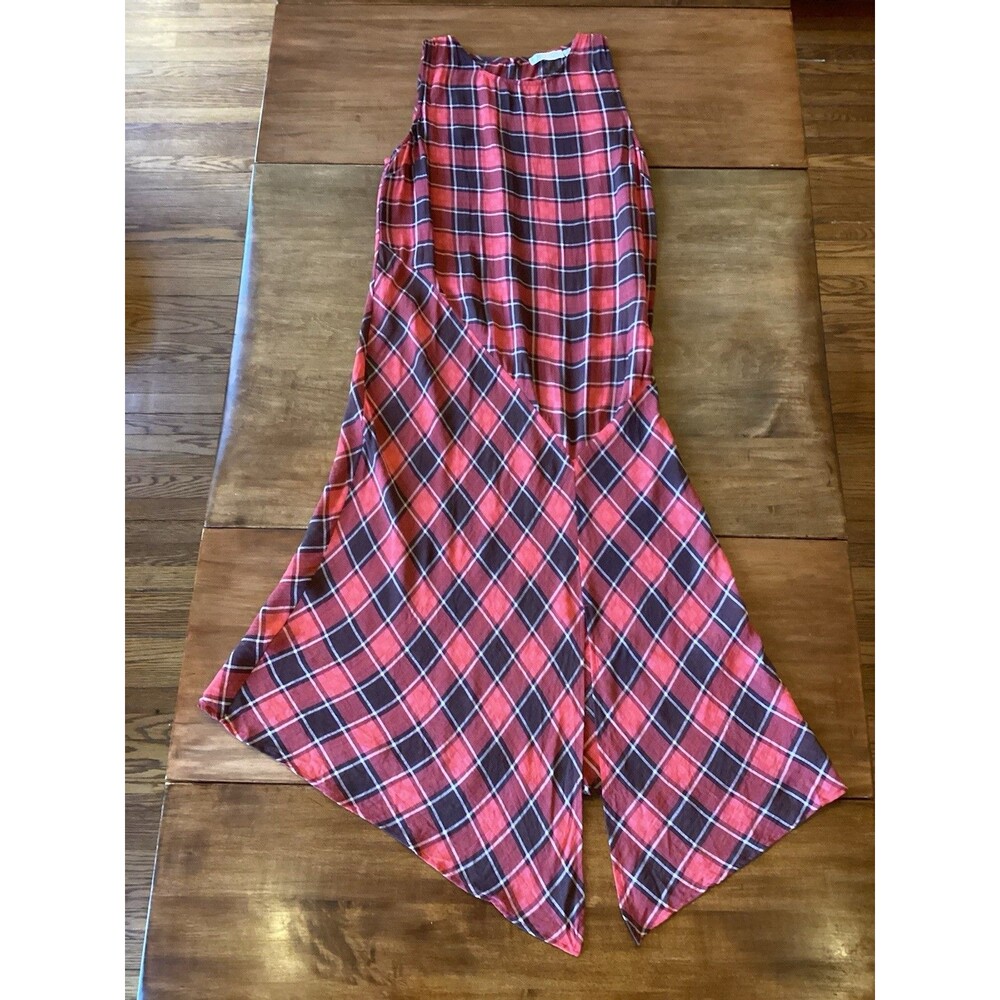 Cooperative Dress Lightweight Semi-Sheer Red Plaid Asymmetrical Slit Midi Size 6